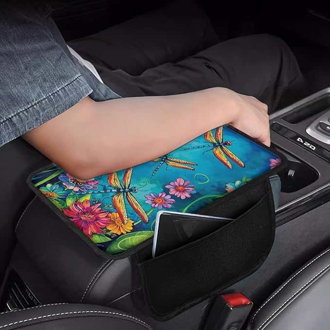 Dreaweet Car Center Console Cover with Pockets Dragonfly Print Car Arm Rest Cover Pad Universal Armrest Cover for Car Truck SUV Van