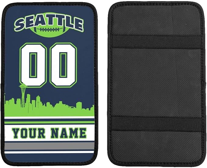 Custom Seattle Car Armrest Covers Personalized Football Style with Name Number Customized Auto Center Console Pad Car Handrail Box Cushion for Most Vehicle Decor Accessories, Fans Gift