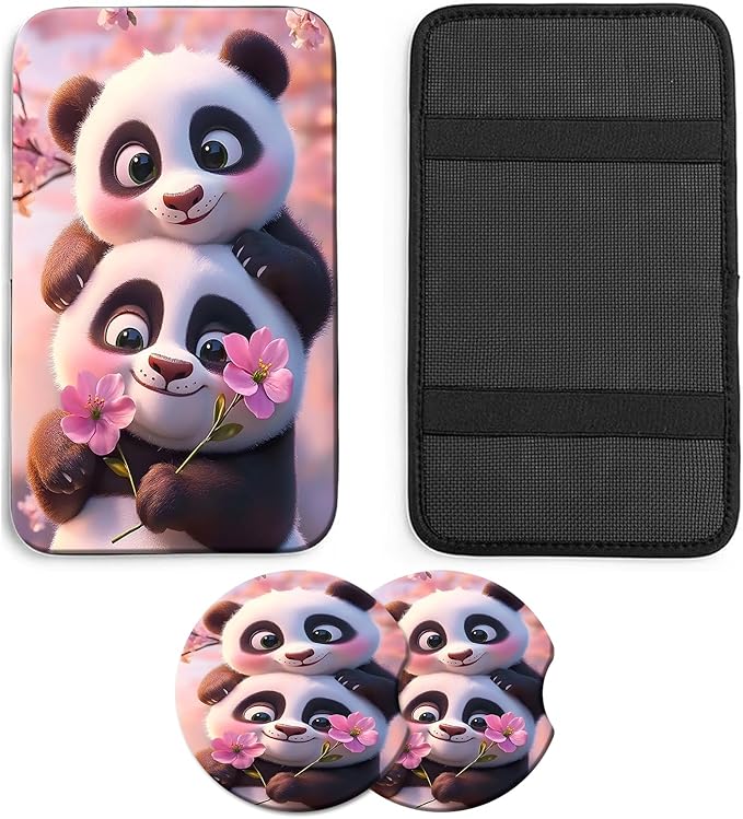 JANENFNA Car Armrest Cover Pads Universal Fashion Cute Auto Center Console Armrest Cover Pad with 2PCS Car Coasters Soft Waterproof Car Armrest Seat Protector for Women,Cute Panda