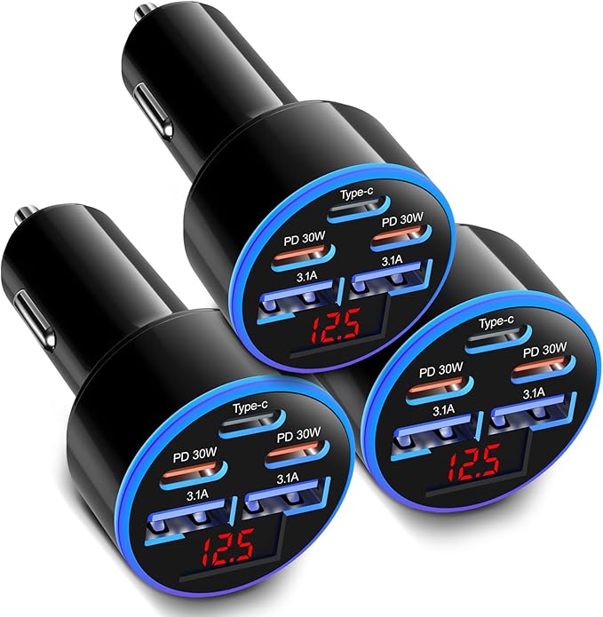 90W 5-Port USB C Car Charger, OKRAY 3-Pack Super Fast Charging PD30W 12v Cigarette Lighter Adapter USB-C&USB-A Multiport Car Phone Charger with Volt Meter for iPhone 17 16 15 14, iPad, Galaxy S25 A16