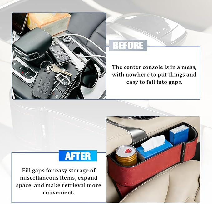 Car Seat Gap Filler Organizer with Cup Holder Expander, Leather Console Seam Filler Storage Box, Auto Front Seat Gap Organizer for Phones Keys Glasses, Universal Fit (Wine Red Passenger)