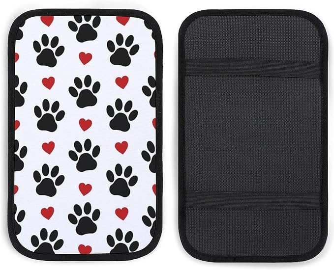 Black Dog Paws Red Hearts Car Center Console Cushion Pad,Waterproof Armrest Seat Box Cover Protector,Comfortable Car Decor Accessories Fit for Most Cars, Vehicles, SUVs