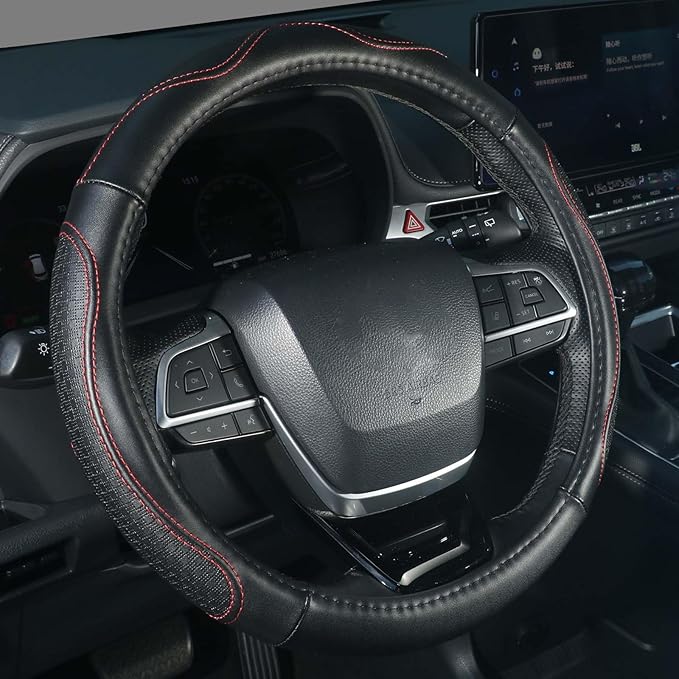 KAFEEK Genuine Leather Steering Wheel Cover 15 inches, Pure Cowhide Steering Wheel Cover Men Women, Car Accessories for Car SUV Truck, Black with Red line