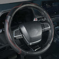 KAFEEK Genuine Leather Steering Wheel Cover 15 inches, Pure Cowhide Steering Wheel Cover Men Women, Car Accessories for Car SUV Truck, Black with Red line