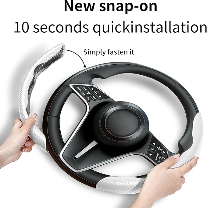 LevChall Carbon Fiber Steering Wheel Cover, 2-Piece Set Anti-Skid Comfortable Grip Segmented Butterfly Design, Easy Snap-On Installation Universal Fit 99% Cars, White