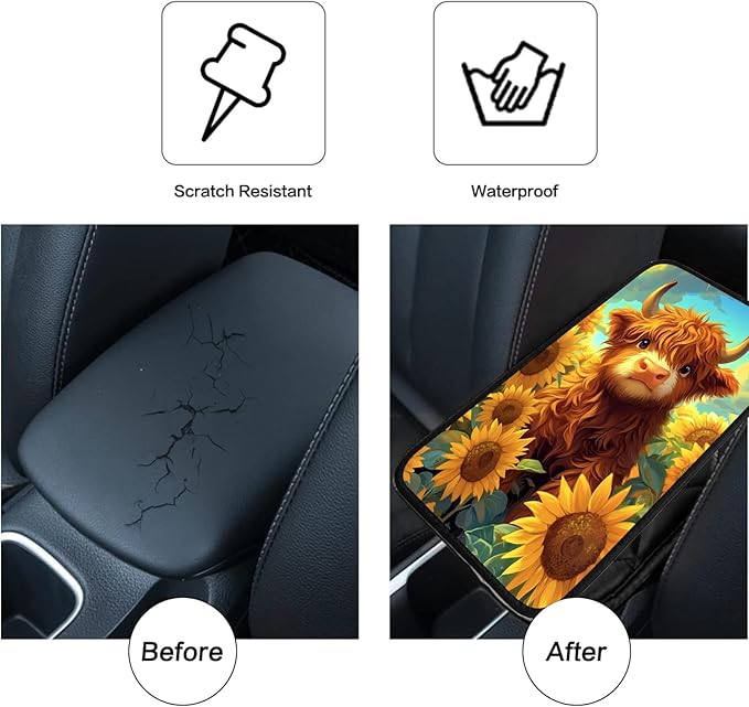 JANENFNA Car Armrest Cover Pads Universal Fashion Cute Auto Center Console Armrest Cover Pad with 2PCS Car Coasters Soft Waterproof Car Armrest Seat Protector for Women,Sunflower Highland Cow