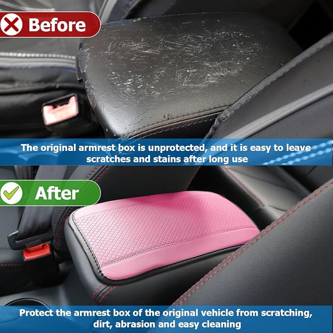 Armrest Pad for Car, PU Leather Auto Center Console Cushion Mat, Four Seasons Automotive Armrest Seat Box Cover, Universal Vehicle Interior Accessories for SUV, Truck, Van (Pink)