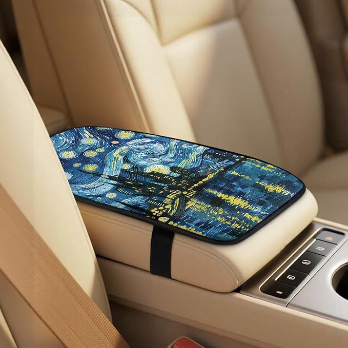 Qeluxign Starry Night Car Seat Cover Set with Armrest Cover Cushion PU Automotive Car Cover and Seat Belt Shoulder Straps Pad, Universal Fit for Truck Sedan SUV, Pack of 5