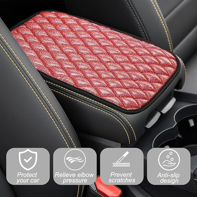 Car Center Console Cover, Soft Comfortable Vehicle Armrest Seat Box Cover Cushion, Wear Resistant Auto Armrest Storage Box Decoration Protector Pad, Universal for Truck SUV Sedan (Red)
