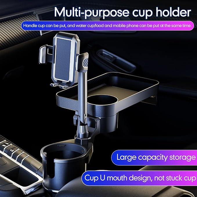 Cup Holder Tray for Car, Upgrade 4 in 1 Adjustable Detachable Car Food Table Tray with Solid Base & Phone Slot,Car Cup Holder Expander with 360°Rotation Tray for Travel Road Essential S