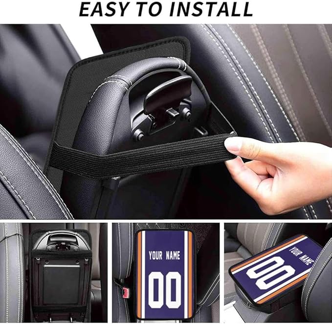 Custom Car Armrest Cover,Add Personalized Name and Number As Gifts for Loyal Football Fans,American Football Auto Center Console Pad Car handrail Box Cushion,Fit for Most Car Seat Box Cover Protector