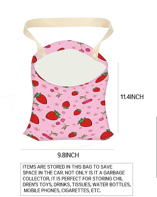 ANKVRP Car Trash Can, Durable Hanging Car Trash Garbage Bag, Cute Automotive Garbage Cans Organizer, Cute Pink Cherry Strawberry