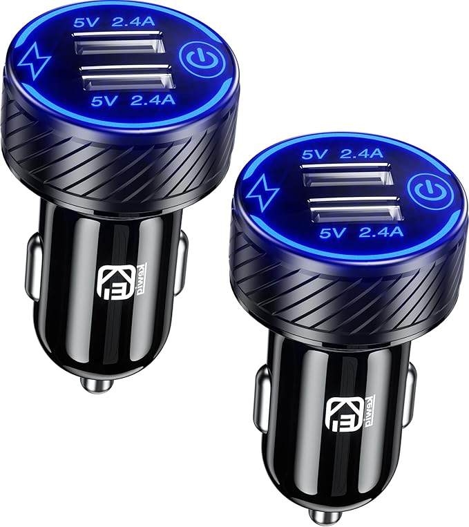 【2Pack】 USB Car Charger, Dual USB Port Cigarette Lighter Adapter, 5V/4.8A Charge Car Phone Charger with Blue LED & Touch Switch