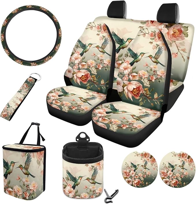 Hummingbird Flower Printed Car Accessories Sets for Women, Universal Front and Rear Split Bench Seat Covers for Cars with Matching Steering Wheel Cover Trash Can Air Vent Storage Bag Coaster