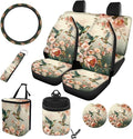 Hummingbird Flower Printed Car Accessories Sets for Women, Universal Front and Rear Split Bench Seat Covers for Cars with Matching Steering Wheel Cover Trash Can Air Vent Storage Bag Coaster
