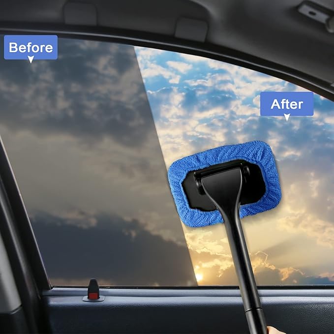 Frienda 2 Set Windshield Cleaner Tool Inside Car Windshield Cleaning Wand Auto Window Cleaner with Detachable Handle, 8 Reusable Microfiber Pads and 2 Spray Bottles for Car Interior(Gray, Blue)
