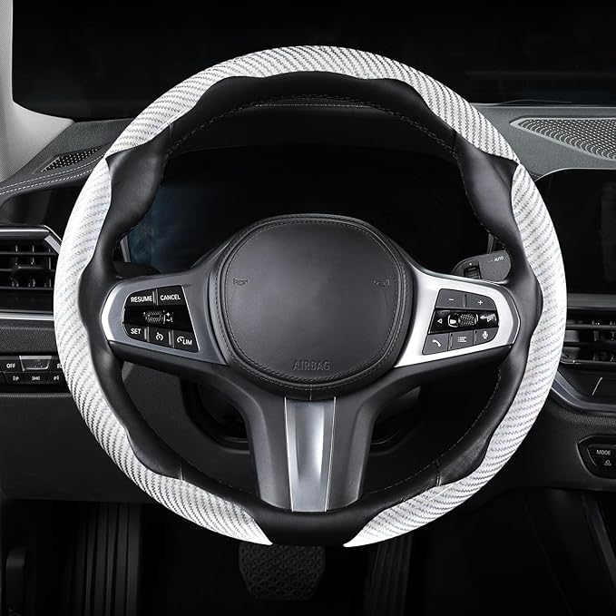 Carbon Fiber Steering Wheel Cover, Snap on Car Steering Wheel Cover Set Accessories 3pcs Wrap Grip Non Slip Protector Universal Glossy White