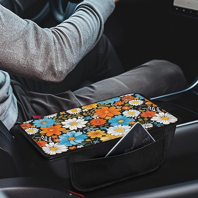 BIGCARJOB Hippie Daisy Print Center Console Cover for Cars Truck Interior Seat Accessories,Blossom Daisy Car Armrest Seat Box Cover Cushion with Side Storage,Universal Fit