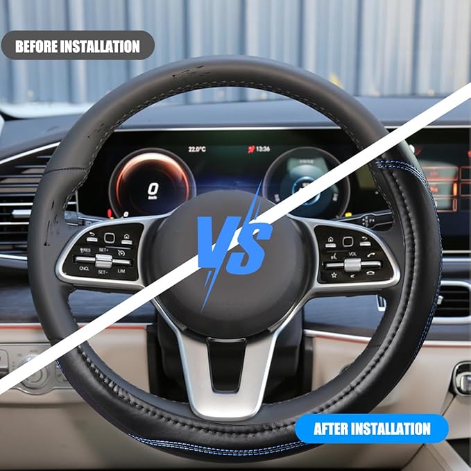 Car Steering Wheel Cover, 15 Inch Non-Slip Leather Full Surround Steering Wheel Guard with Inner Ring, Automotive Interior Protective Accessories, Compatible with Most Vehicle (Black/Blue)