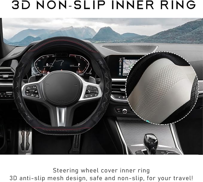 Car Steering Wheel Cover, 15 Inches 3D Honeycomb Design Car Steering Wheel Protector with Comfy Grip, Breathable Anti-Slip D-Shaped Steering Wheel Sleeve for Most Vehicles (Black)