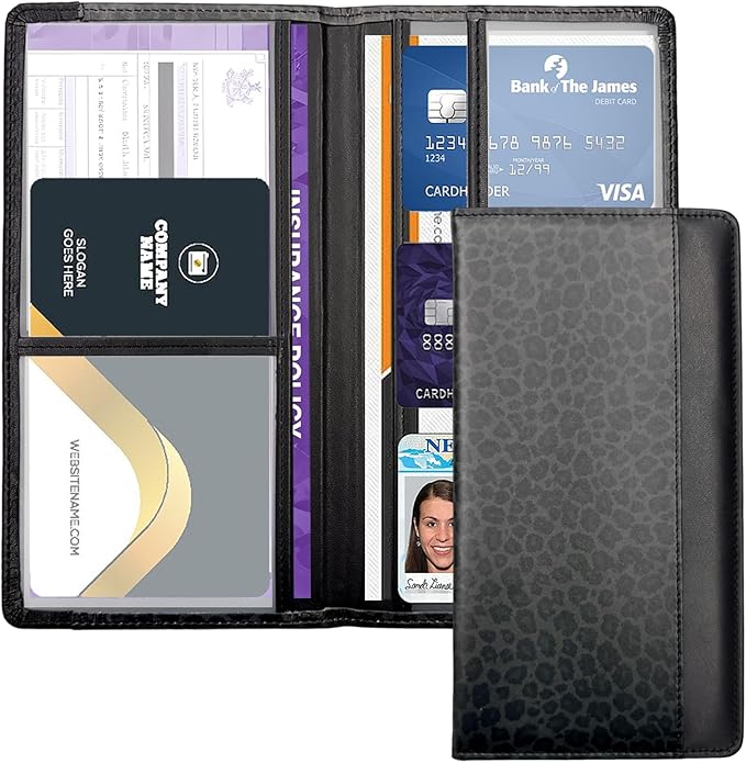 FinestHouse Car Registration and Insurance Holder with Magnetic Closure, Universal Document Organizer for License, Insurance Cards & Glove Box Storage (Leopard-Black)