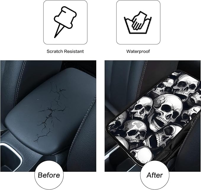 JANENFNA Car Armrest Cover Pads Universal Fashion Cute Auto Center Console Armrest Cover Pad with 2PCS Car Coasters Soft Waterproof Car Armrest Seat Protector for Women,Pile of Skulls