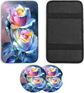 JANENFNA Car Armrest Cover Pads Universal Fashion Cute Auto Center Console Armrest Cover Pad with 2PCS Car Coasters Soft Waterproof Car Armrest Seat Protector for Women,Rainbow Roses