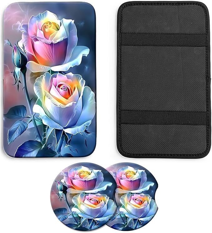 JANENFNA Car Armrest Cover Pads Universal Fashion Cute Auto Center Console Armrest Cover Pad with 2PCS Car Coasters Soft Waterproof Car Armrest Seat Protector for Women,Rainbow Roses