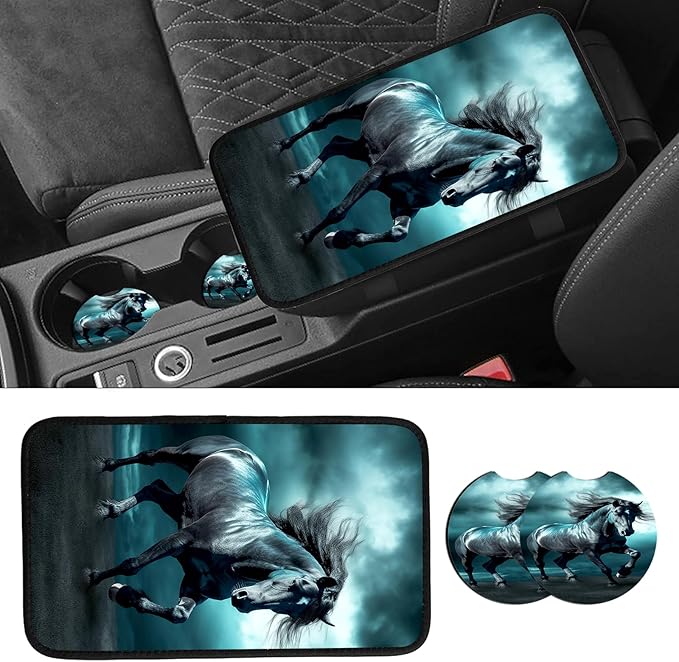 JANENFNA Car Armrest Cover Pads Universal Fashion Cute Auto Center Console Armrest Cover Pad with 2PCS Car Coasters Soft Waterproof Car Armrest Seat Protector for Women,Dark Horse