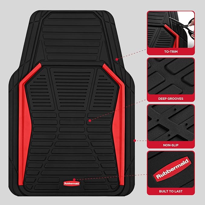 Rubbermaid Car Mat Full Set All-Weather Heavy-Duty 4 Pieces– Trim-to-Fit Universal Car Mats Full Set – Waterproof Rubber Floor Liners for Most Trucks, SUVs, Vans, and Sedans-Red