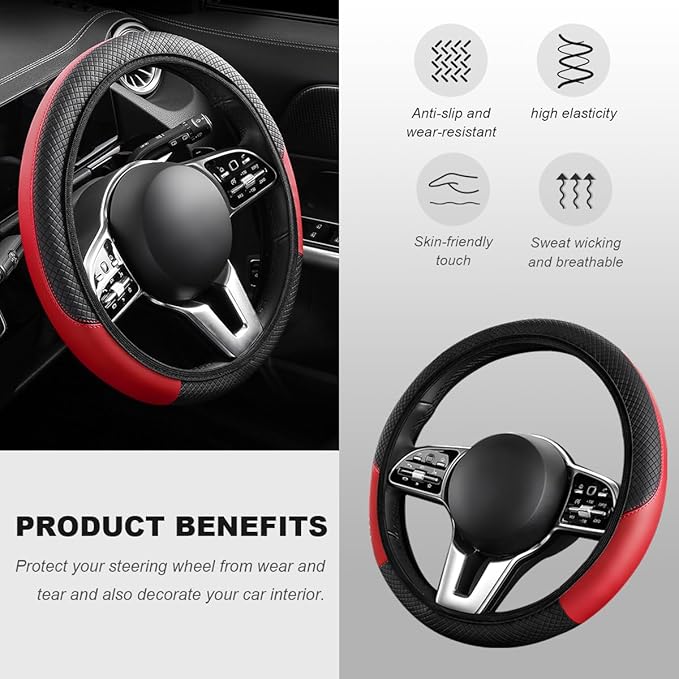 Car Steering Wheel Cover, 15 Inch Carbon Fiber Elastic Vehicle Steering Wheel Protector, Breathable Leather Auto Wheel Covers for Women Men, Interior Car Accessories (Black & Red, AD)