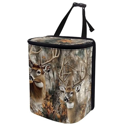 Talayituse Deer Hunting Camo Leaves Print Car Trash Can with Lid, Leak Proof Auto Trash Bag Hanging Vehicle Garbage Can Multipurpose Storage Container for Back Seat Road Trip