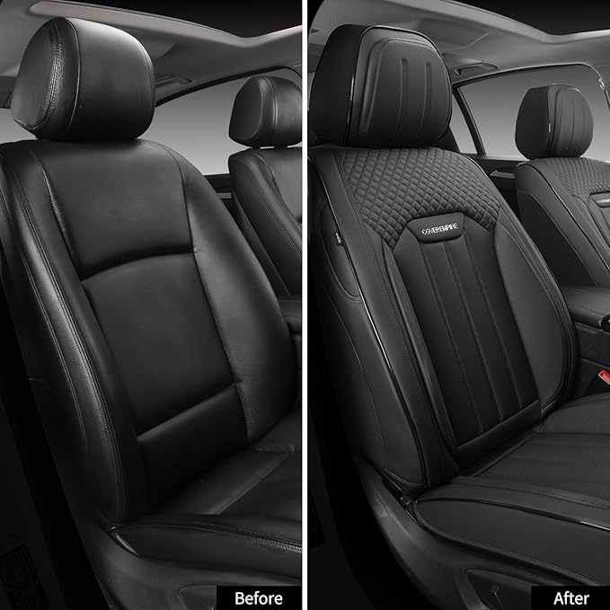 COVER EMPIRE Leather Seat Covers for Cars, 2Pcs Universal Front Automotive Seat Covers, Full Coverage Waterproof Car Seat Covers for Most Trucks, SUVs, Sedans, Luxury Breathable Auto Seat Cover, Black