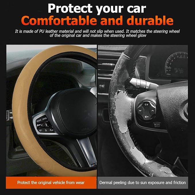 Car Steering Wheel Cover, 15 Inch Leather Soft Elastic Stretch Anti Slip Auto Steering Wheel Wrap Guard, Breathable Vehicle Interior Accessories, Universal for SUV RV Truck (Beige)