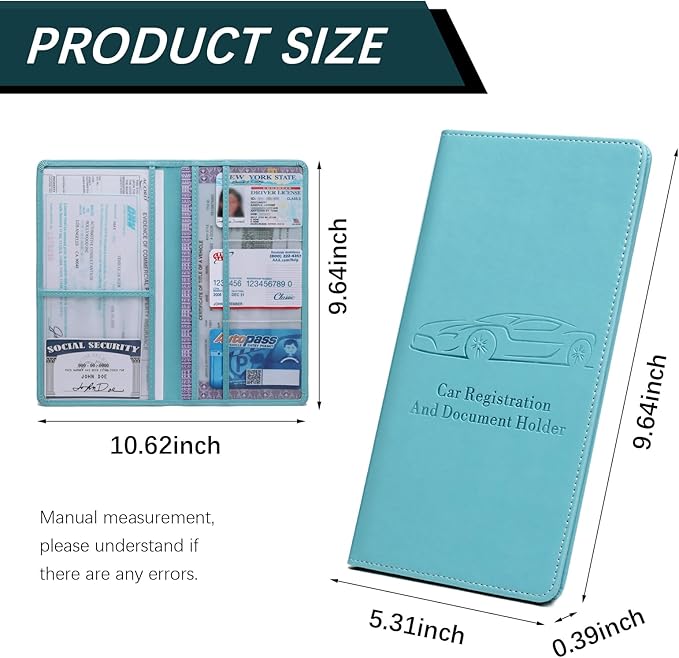 Peisicne Car Registration and Insurance Card Holder for Women Men, Blue Glove Box Paperwork Organizer with Magnetic Buckle for Easy Access and Protect Documents and Various Cards in Vehicle