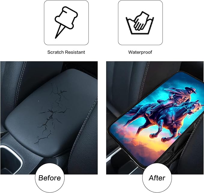JANENFNA Car Armrest Cover Pads Universal Fashion Cute Auto Center Console Armrest Cover Pad with 2PCS Car Coasters Soft Waterproof Car Armrest Seat Protector for Women,Cowboy Horse