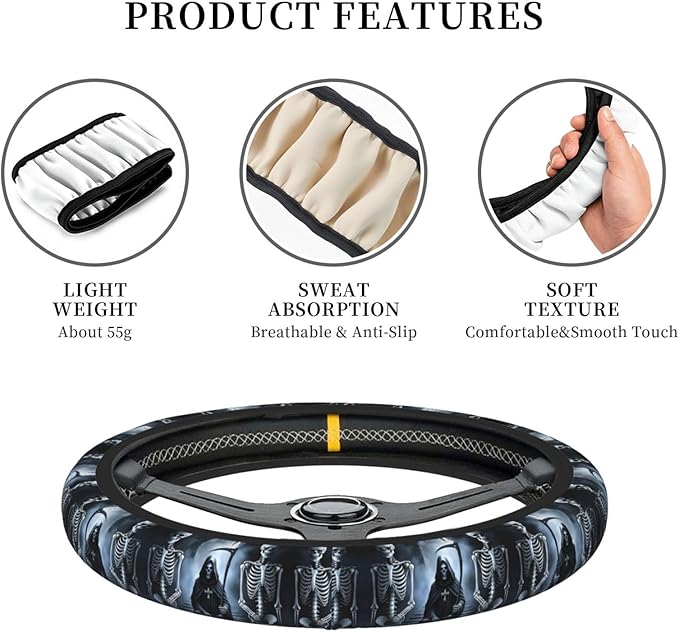 Scary Skulls Car Steering Wheel Cover, 15 Inch Steering Wheel Cover Stylish Decor for Most Cars