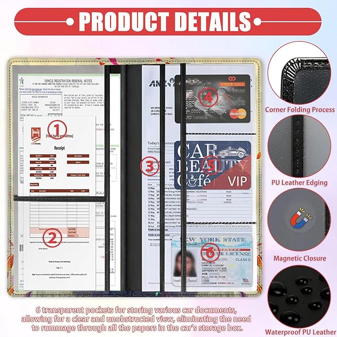 Car Registration and Insurance Card Holder for Women Men, Waterproof PU Leather Glove Box Car Organizer with Magnetic Shut, Vehicle Document Holder for Driver License,Cards, Colorful Hummingbird