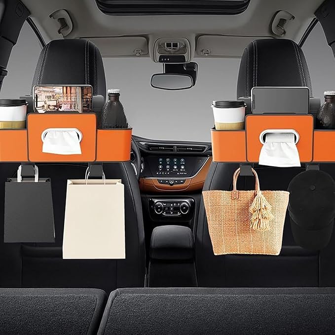 Car Organizers and Storage Box, Car Organizers and Storage Back Seat, With Cup Holder, Tissue Box, Trash Bin & Hooks, Strong Bags Hooks, Large Storage Space (Orange)