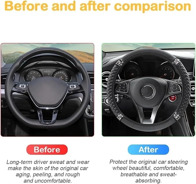 15 Inch Bling Rhinestone Steering Wheel Cover, Soft Leather Elastic Steering Wheel Protector Slip-on Grip Wrap for Women