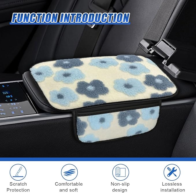 Car Center Console Cover, Soft Fluffy Car Armrest Seat Box Cushion Pad with 2 Storage Bags, Universal Vehicle Interior Protector Accessories for Most Sedans, SUVs, Trucks (Blue)