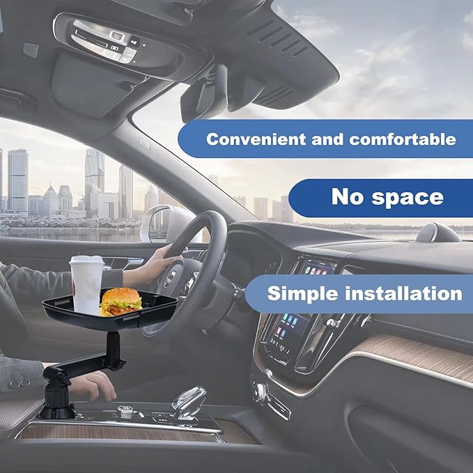Qihoo Car Cup Holder Tray Table Multifunctional Car Tray for Eating 360° Swivel Adjustable Car Food Eating Tray Table and Base with Extra Phone Slot（Enhanced Tray deepening） Black
