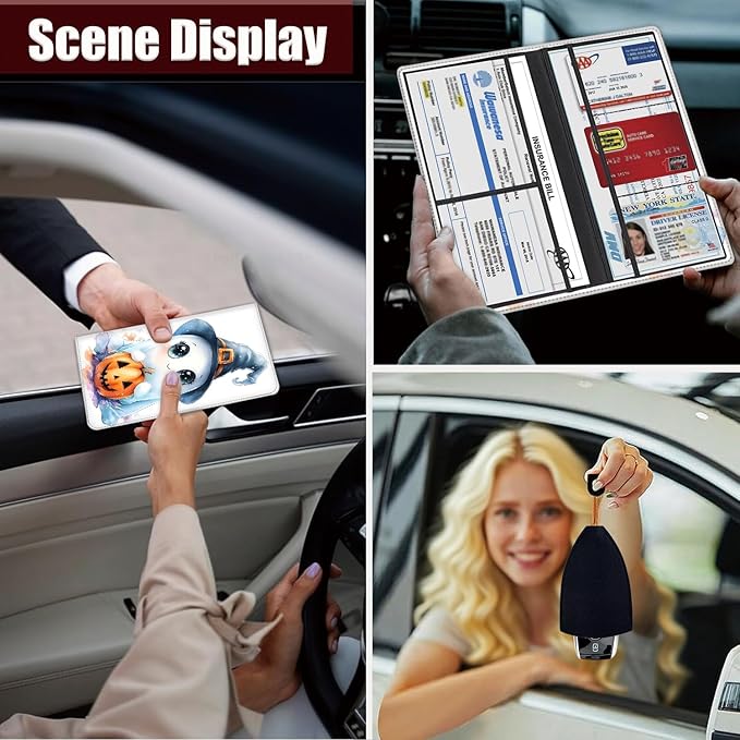 Car Registration Holder, PU Leather Vehicle Glove Box Organizer for Driver License,Document, Car Insurance Holder with Magnetic Shut, Auto Paperwork Wallet Accessories, Cute Ghost + Pumpkin Halloween