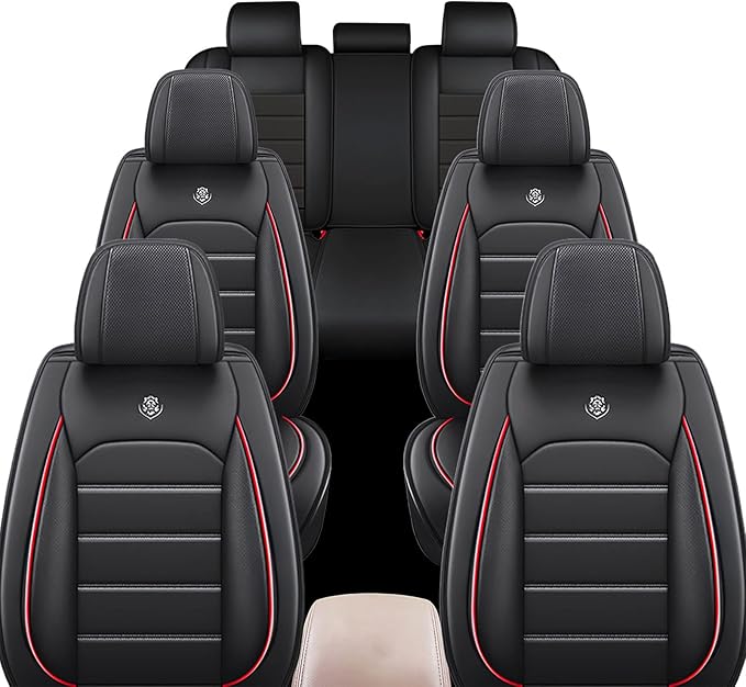 JOJ Car Seat Cover for Ford Excursion Seat Covers for Cars 2000-2005,Leather Waterproof Car Seat Covers Full Set,All Weather Tech Car Seat Protector,8 Seats Black Red