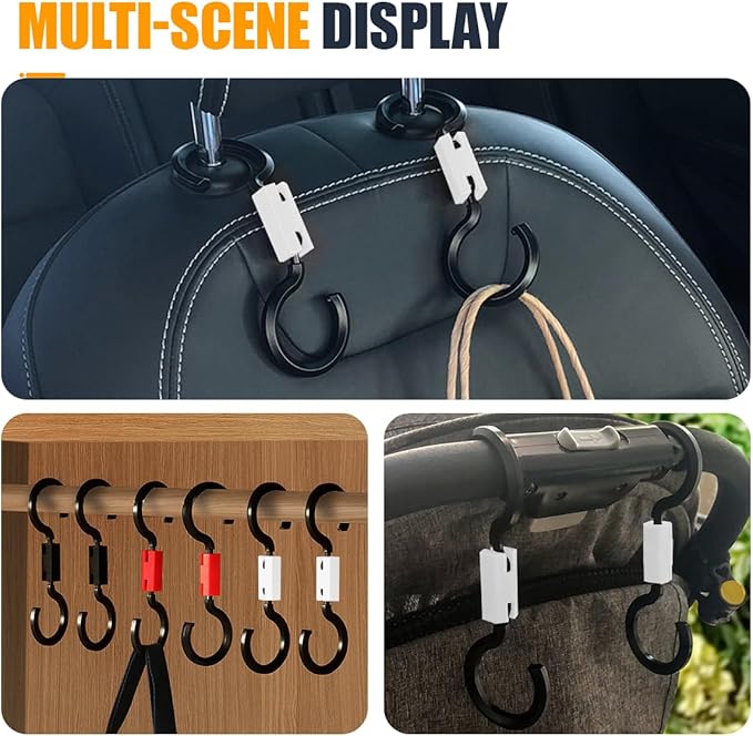 YoRise 2PCS S-Style Car Back Seat Headrest Hook, 360° Rotation Auto Seat Storage Hanger, Universal Vehicle Interior Organizer Accessories for Purse, Handbag, Coat, Umbrella, Grocery Bag (White)