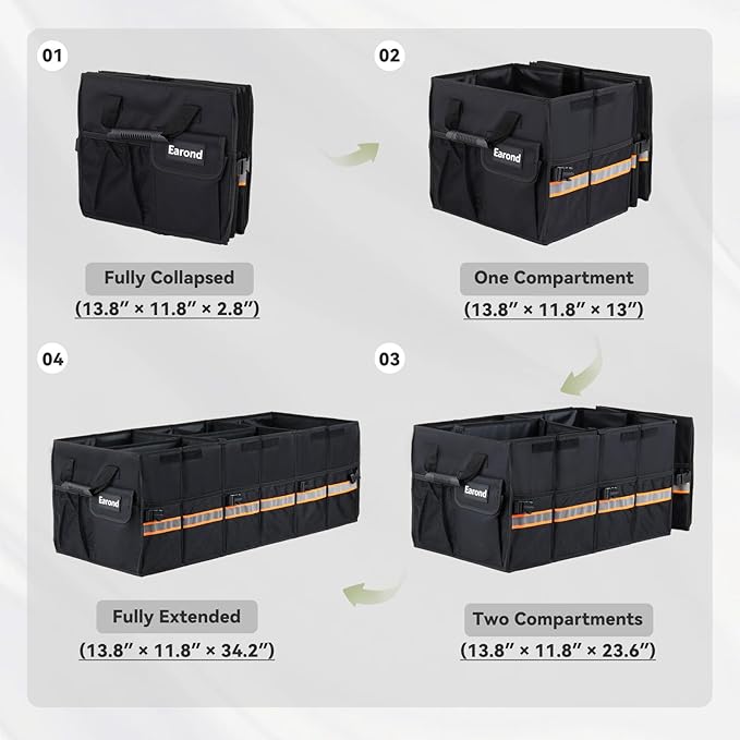 EAROND Car Trunk Organizer with Lid,Collapsible Car Storage Organizer with Multi Compartments and Securing Straps for SUV,Sedan,Jeep-Black