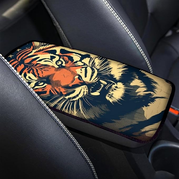 Car Center Console Pad, Universal Waterproof Car Armrest Seat Box Cover, Car Interior Accessories for Most Vehicle SUV Truck Vintage American Flag Tiger Car Armrest Pad