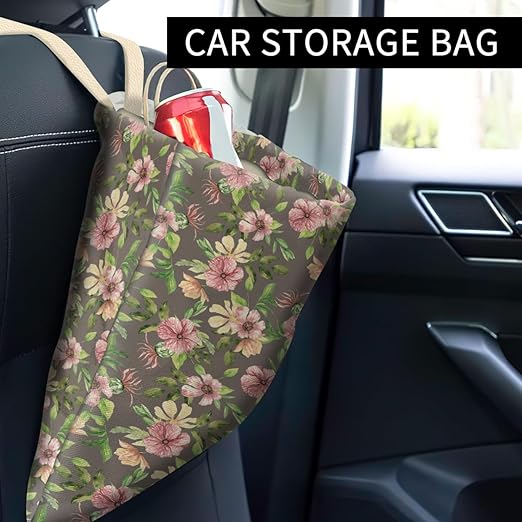 Car Trash Can, Cute Car Trash Bag, Hanging Car Organizer and Storage Bag, Trash Bin for Car Accessories, Vehicle, Travelling, Camping Cute Pink Floral Leaf