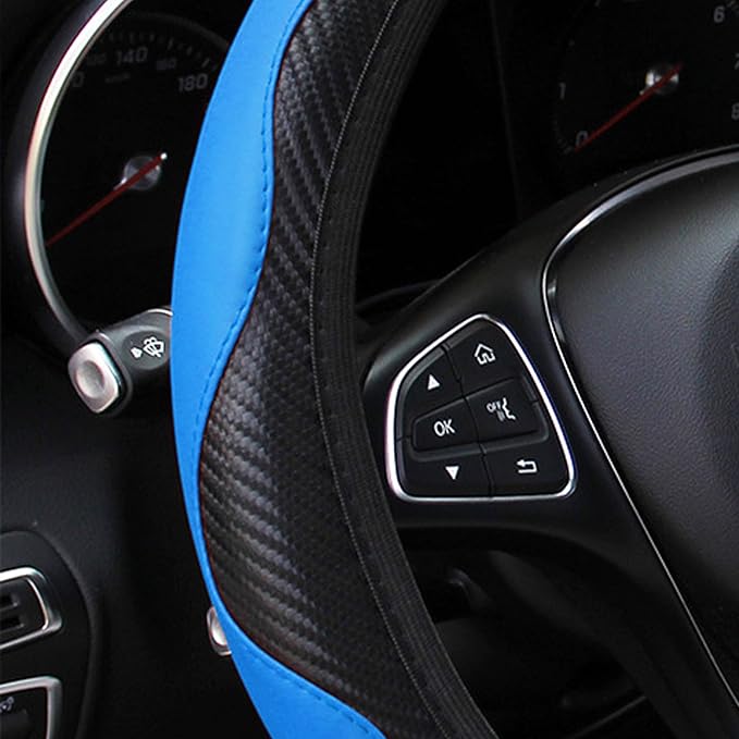Car Steering Wheel Cover, 15 inch Carbon Fiber Microfiber PU Leather Elastic Steering Wheel Protector for Men Women, Anti-Slip Breathable Car Interior Accessories for Most Cars (Blue)