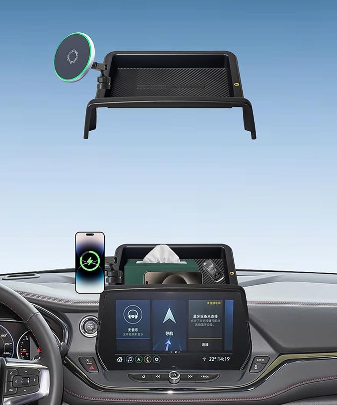 AbeeyGeomarn Car Phone Holder for Chevrolet Blazer 2023 2024 2025 2026 Accessories 10.2 Inch Touch Screen Fixed Clip 15W Fast Wireless Charger Cell Phone Mount with Dashboard Storage Tray